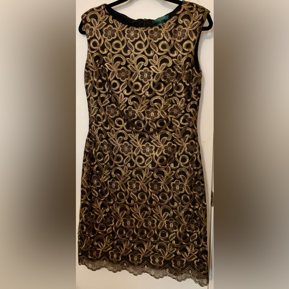 Lauren Ralph Lauren Formal Gold Black Embroidered Lace Dress Sz 10 - Picture 1 of 7